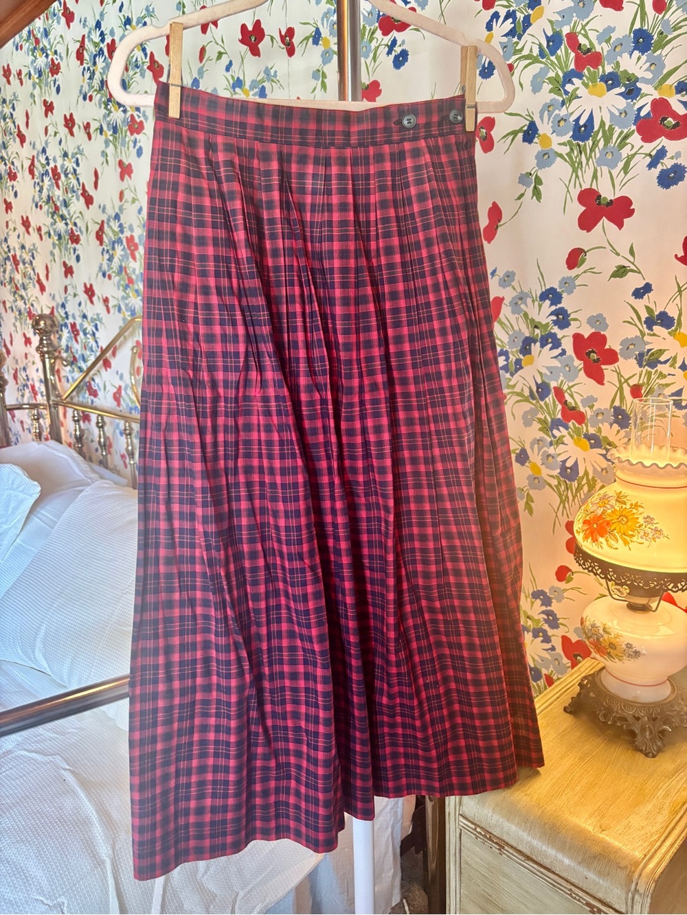 vintage lands’ end red navy plaid pleated midi skirt | tartan preppy academia - Picture 2 of 7